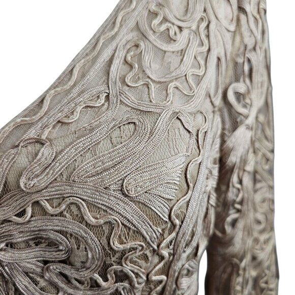 Sue Wong New Lace V Neck Three Quarter Sleeve Lined Beige Cocktail Sheath Dress - Picture 5 of 15